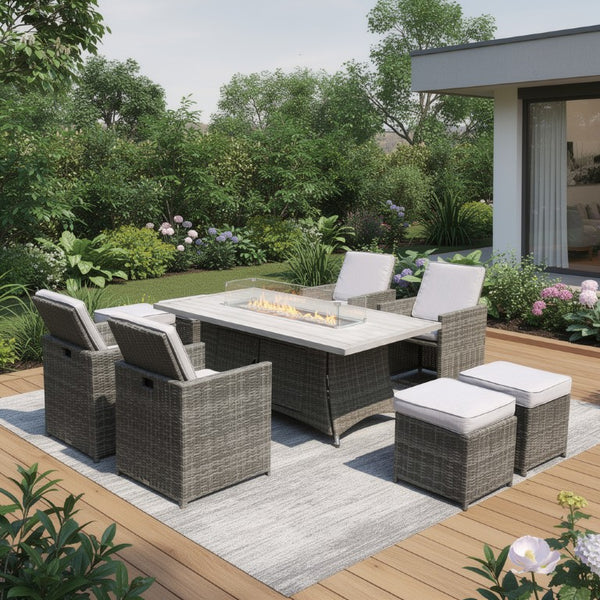 Nine Piece Outdoor Wicker Patio Set with Fire Pit Table for Entertaining and Relaxed Lounging