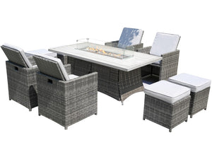 Nine Piece Outdoor Wicker Patio Set with Fire Pit Table for Entertaining and Relaxed Lounging