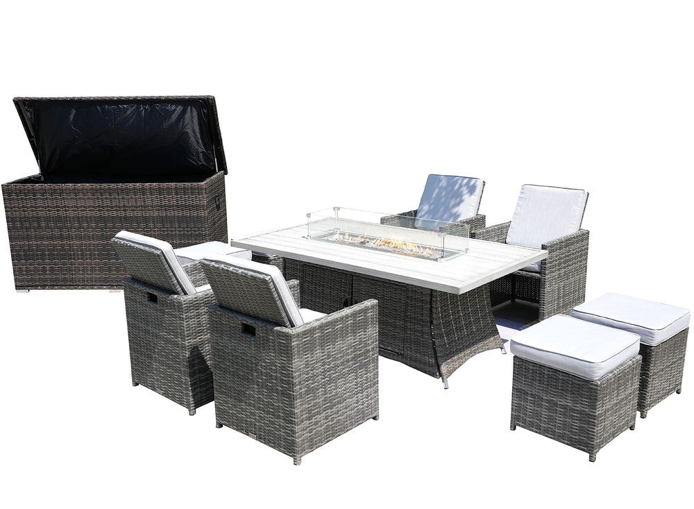 Homeroots Ten Piece Outdoor Gray Wicker Multiple Chairs Seating Group Fire Pit Included With White Cushions  Wicker 479137