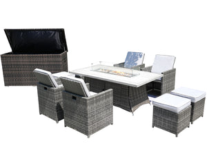 Homeroots Ten Piece Outdoor Gray Wicker Multiple Chairs Seating Group Fire Pit Included With White Cushions  Wicker 479137