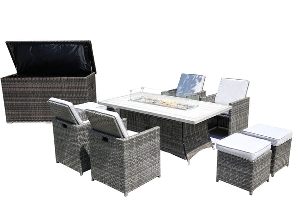 Homeroots Ten Piece Outdoor Gray Wicker Multiple Chairs Seating Group Fire Pit Included With White Cushions  Wicker 479137