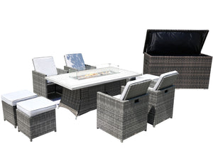 Homeroots Ten Piece Outdoor Gray Wicker Multiple Chairs Seating Group Fire Pit Included With White Cushions  Wicker 479137