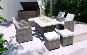 Homeroots Ten Piece Outdoor Gray Wicker Multiple Chairs Seating Group Fire Pit Included With White Cushions  Wicker 479137