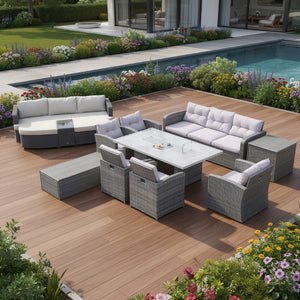 Eleven Piece Outdoor Wicker Conversation Set with Fire Pit Table for Patio Entertaining
