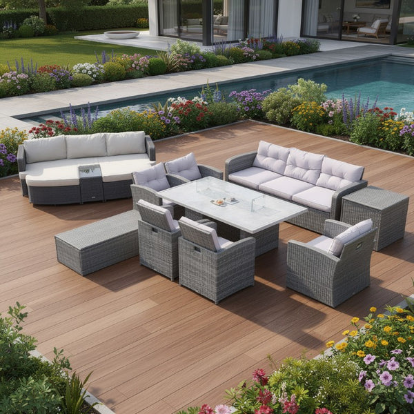 Eleven Piece Outdoor Wicker Conversation Set with Fire Pit Table for Patio Entertaining