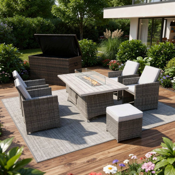 Ten Piece Outdoor Wicker Seating Group with Fire Pit Table for Patio and Garden Entertaining