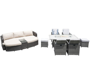 Nine Piece Outdoor Wicker Patio Set with Fire Pit Table for Entertaining and Relaxed Lounging