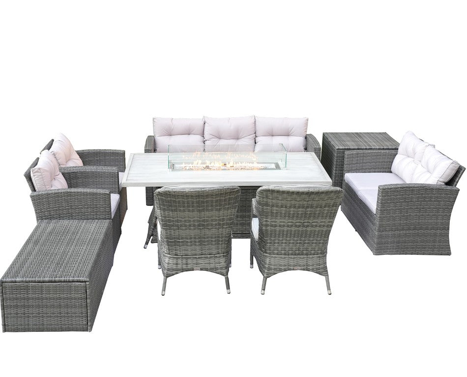 HomeRoots Nine Piece Outdoor Wicker Patio Set with Fire Pit Table for Entertaining and Relaxed Lounging 43" W x 75" H x 50" D - A 479145