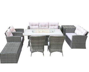 HomeRoots Nine Piece Outdoor Wicker Patio Set with Fire Pit Table for Entertaining and Relaxed Lounging 43" W x 75" H x 50" D - A 479145