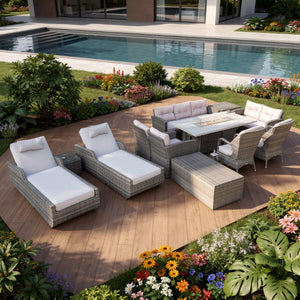 Twelve Piece Wicker Patio Conversation Set with Fire Pit Table for Outdoor Entertaining