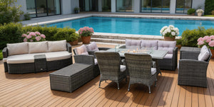 Eleven Piece Outdoor Wicker Conversation Set with Fire Pit Table for Patio Entertaining