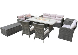 Nine Piece Outdoor Wicker Patio Set with Fire Pit Table for Entertaining and Relaxed Lounging