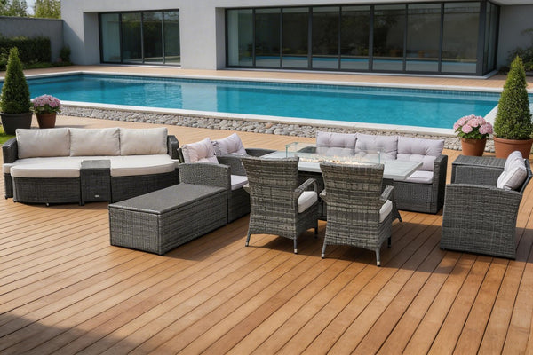 Eleven Piece Outdoor Wicker Conversation Set with Fire Pit Table for Patio Entertaining
