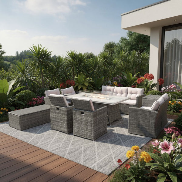 Nine Piece Outdoor Wicker Patio Set with Fire Pit Table for Entertaining and Relaxed Lounging
