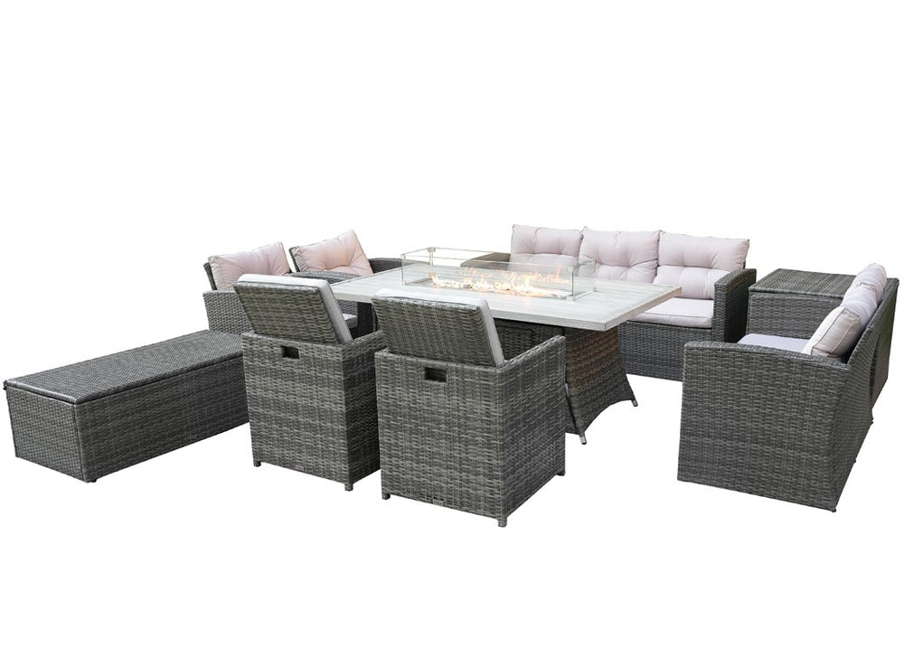 HomeRoots Nine Piece Outdoor Wicker Patio Set with Fire Pit Table for Entertaining and Relaxed Lounging 43" W x 75" H x 50" D - A 479145