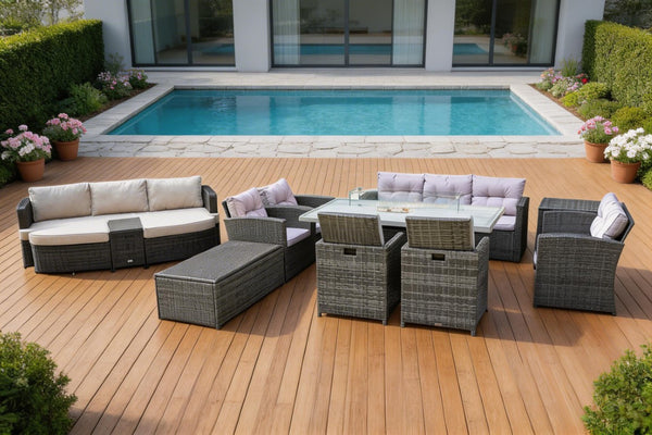 Eleven Piece Outdoor Wicker Conversation Set with Fire Pit Table for Patio Entertaining