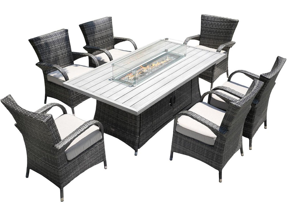 HomeRoots Seven Piece Outdoor Wicker Conversation Set with Fire Pit Table for Patio Entertaining Gray / Beige 479156