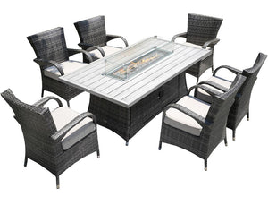 HomeRoots Seven Piece Outdoor Wicker Conversation Set with Fire Pit Table for Patio Entertaining Gray / Beige 479156