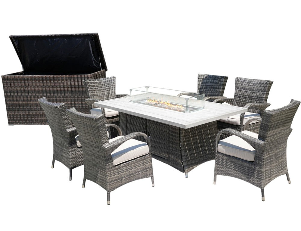 HomeRoots Eight Piece Outdoor Wicker Sectional Set with Fire Pit Table for Patio Lounging 479157