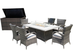 HomeRoots Eight Piece Outdoor Wicker Sectional Set with Fire Pit Table for Patio Lounging 479157