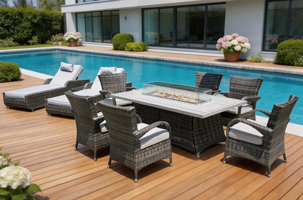 Ten Piece Outdoor Wicker Seating Group with Fire Pit Table for Patio and Garden Entertaining