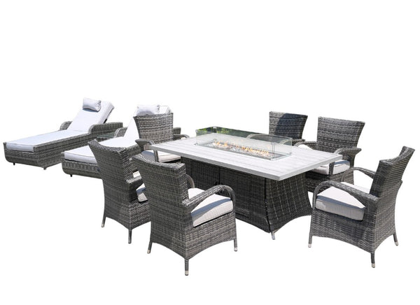 Ten Piece Outdoor Wicker Seating Group with Fire Pit Table for Patio and Garden Entertaining