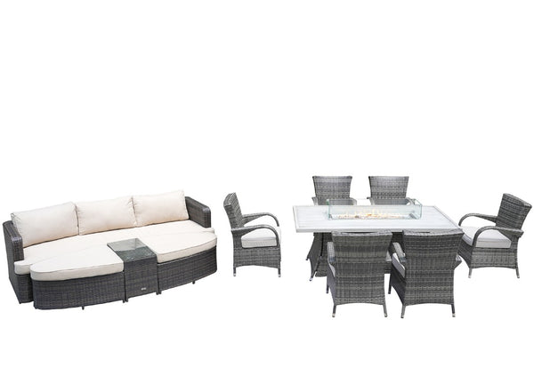 Nine Piece Outdoor Wicker Patio Set with Fire Pit Table for Entertaining and Relaxed Lounging