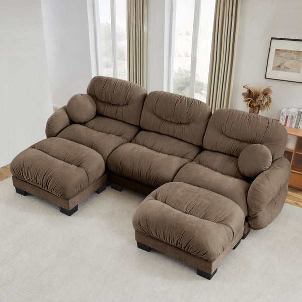 English Elm Pleated Chenille U-shape Sectional Sofa with Ottomans Ergonomic Foam Curved Armrests Brown W5656S00060