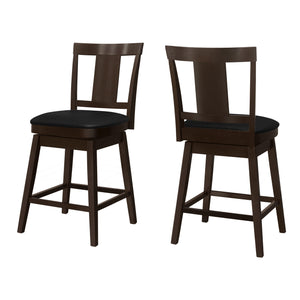 Homeroots Set Of Two 23 " Black And Espresso Faux Leather And Solid Wood Swivel Counter Height Bar Chairs   479160