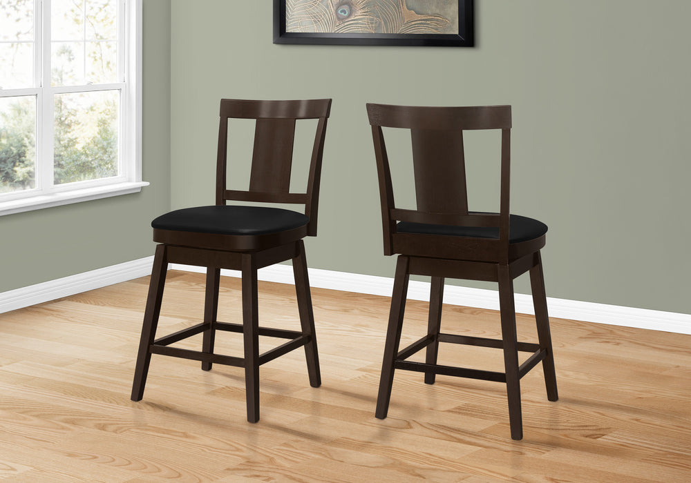 Homeroots Set Of Two 23 " Black And Espresso Faux Leather And Solid Wood Swivel Counter Height Bar Chairs   479160