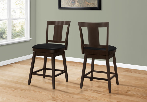 Homeroots Set Of Two 23 " Black And Espresso Faux Leather And Solid Wood Swivel Counter Height Bar Chairs   479160
