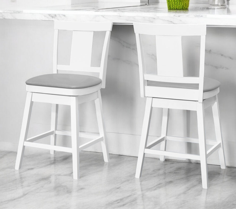 Homeroots Set Of Two 23 " Gray And White Faux Leather And Solid Wood Swivel Counter Height Bar Chairs   479162