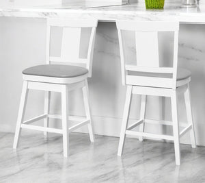 Homeroots Set Of Two 23 " Gray And White Faux Leather And Solid Wood Swivel Counter Height Bar Chairs   479162