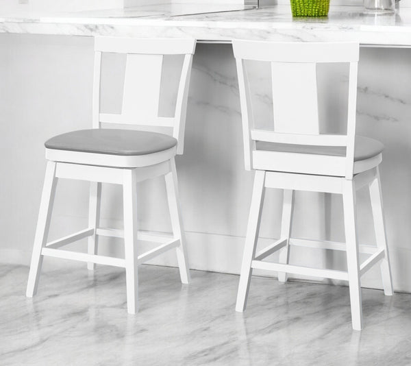 Homeroots Set Of Two 23 " Gray And White Faux Leather And Solid Wood Swivel Counter Height Bar Chairs   479162