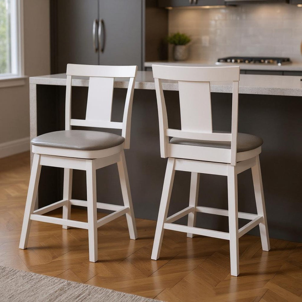 HomeRoots Set of Two Modern Gray Faux Leather & White Wood Swivel Bar Chairs for Stylish Dining Spaces 479162
