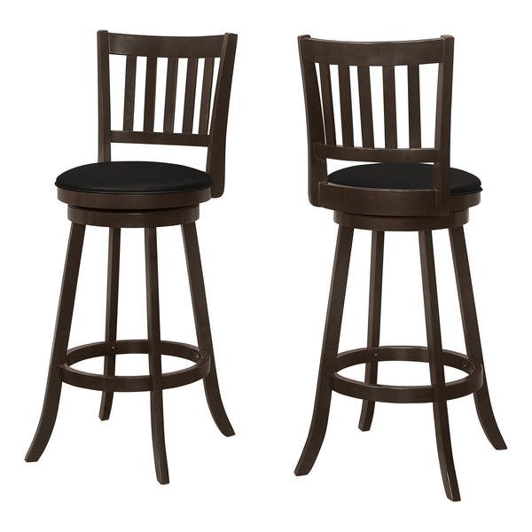 Homeroots Set Of Two 29 " Black And Espresso Faux Leather And Solid Wood Swivel Bar Height Bar Chairs   479163