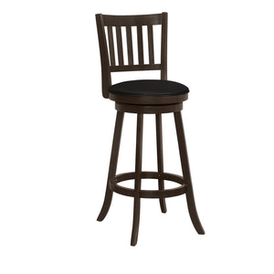 Homeroots Set Of Two 29 " Black And Espresso Faux Leather And Solid Wood Swivel Bar Height Bar Chairs   479163