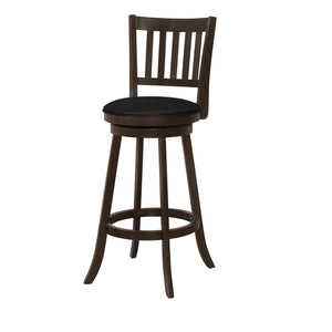 Homeroots Set Of Two 29 " Black And Espresso Faux Leather And Solid Wood Swivel Bar Height Bar Chairs   479163