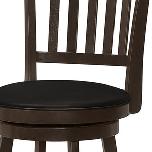 Homeroots Set Of Two 29 " Black And Espresso Faux Leather And Solid Wood Swivel Bar Height Bar Chairs   479163