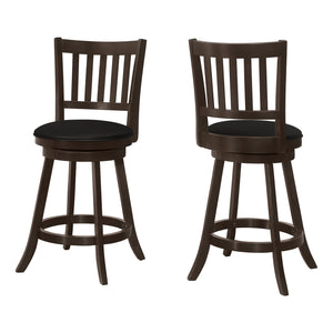 Homeroots Set Of Two 23 " Black And Espresso Faux Leather And Solid Wood Swivel Counter Height Bar Chairs   479164