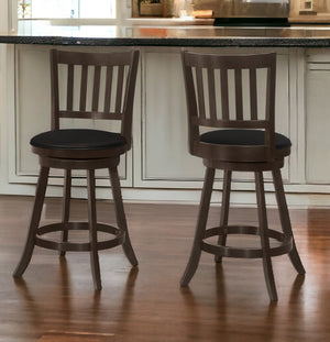Homeroots Set Of Two 23 " Black And Espresso Faux Leather And Solid Wood Swivel Counter Height Bar Chairs   479164