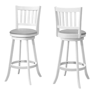 Homeroots Set Of Two 29 " Gray And White Faux Leather And Solid Wood Swivel Bar Height Bar Chairs   479165