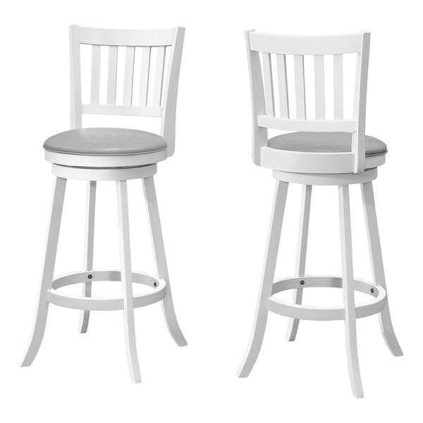 Homeroots Set Of Two 29 " Gray And White Faux Leather And Solid Wood Swivel Bar Height Bar Chairs   479165