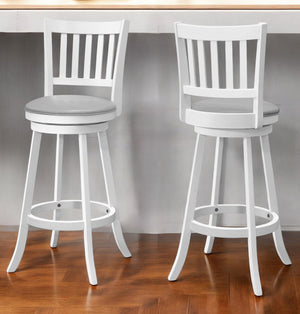 Homeroots Set Of Two 29 " Gray And White Faux Leather And Solid Wood Swivel Bar Height Bar Chairs   479165