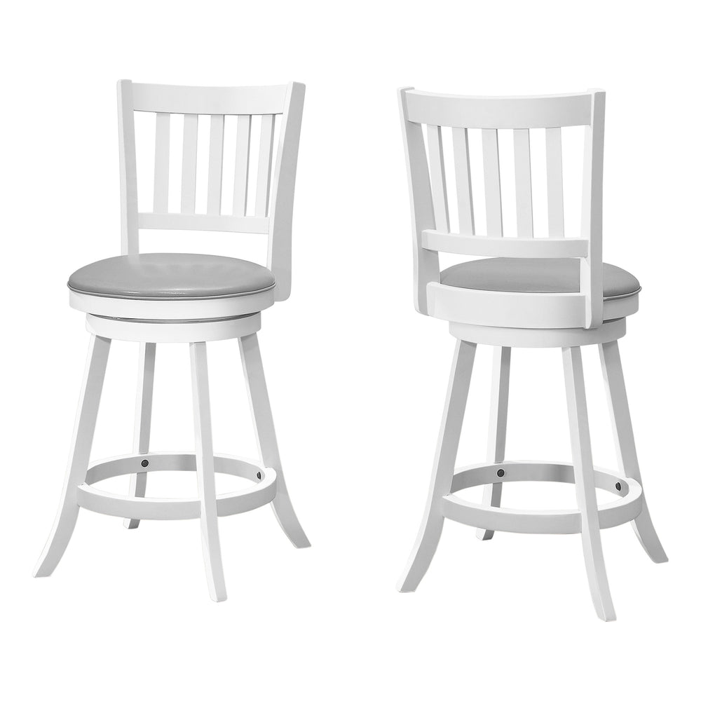Homeroots Set Of Two 23 " Gray And White Faux Leather And Solid Wood Swivel Counter Height Bar Chairs   479166