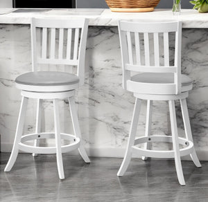 Homeroots Set Of Two 23 " Gray And White Faux Leather And Solid Wood Swivel Counter Height Bar Chairs   479166