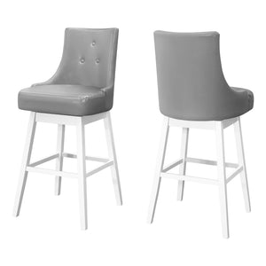 Homeroots Set Of Two 29 " Gray And White Faux Leather And Solid Wood Swivel Bar Height Bar Chairs   479168