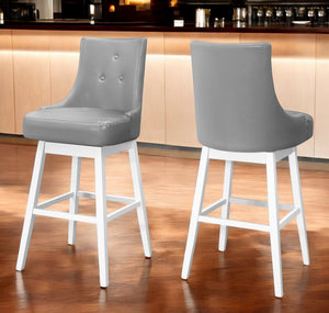 Homeroots Set Of Two 29 " Gray And White Faux Leather And Solid Wood Swivel Bar Height Bar Chairs   479168