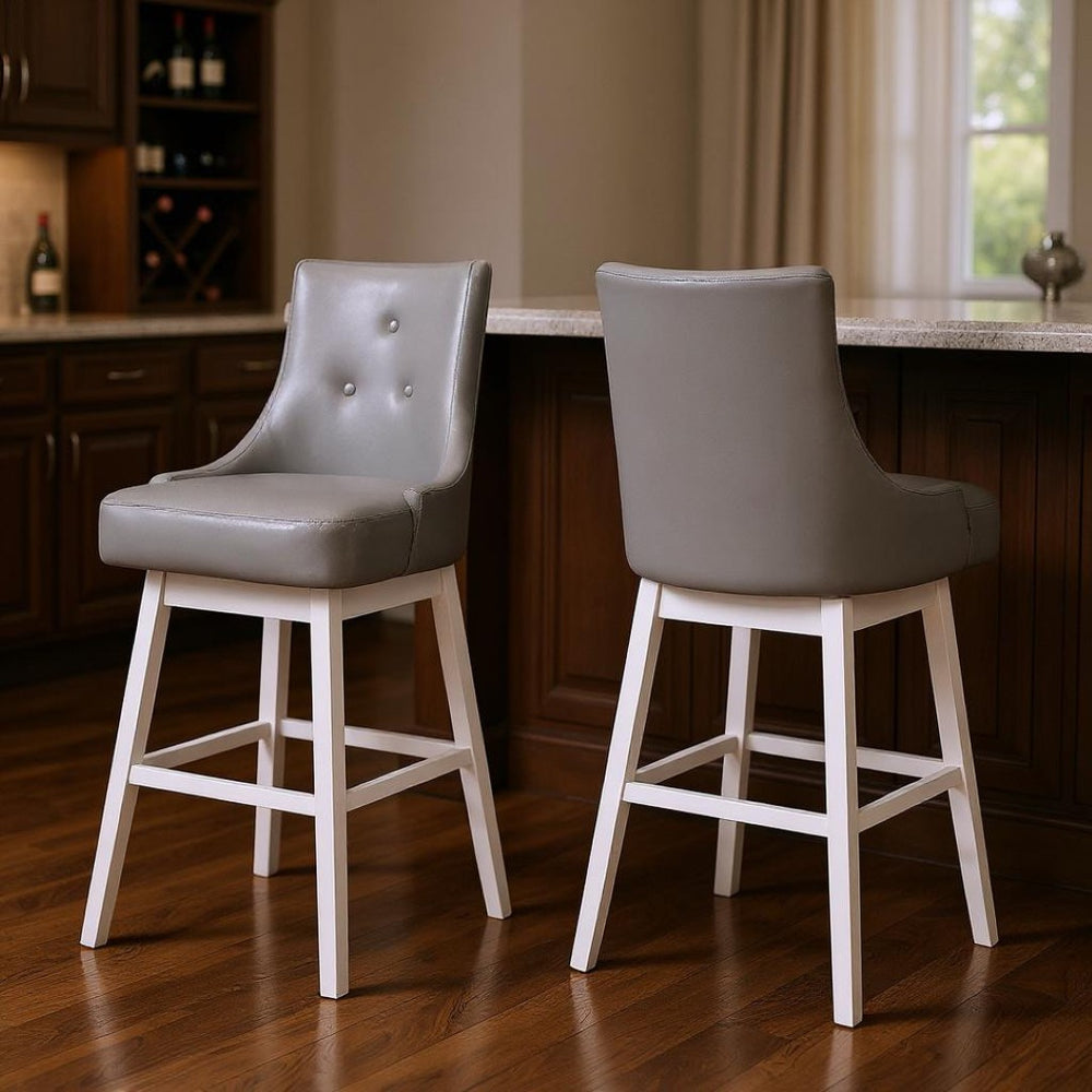 HomeRoots Set of Two Stylish Gray Faux Leather Bar Height Swivel Stools with Solid Wood Frame & Comfort Design 479168