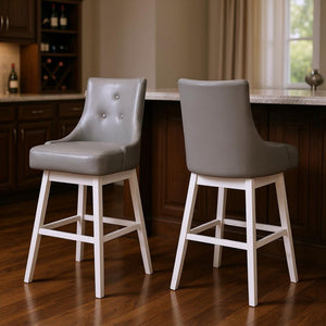 HomeRoots Set of Two Stylish Gray Faux Leather Bar Height Swivel Stools with Solid Wood Frame & Comfort Design 479168